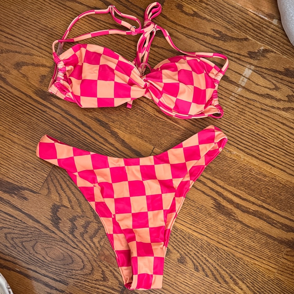 SHEIN Vibrant Pink and Orange Checkered Bikini